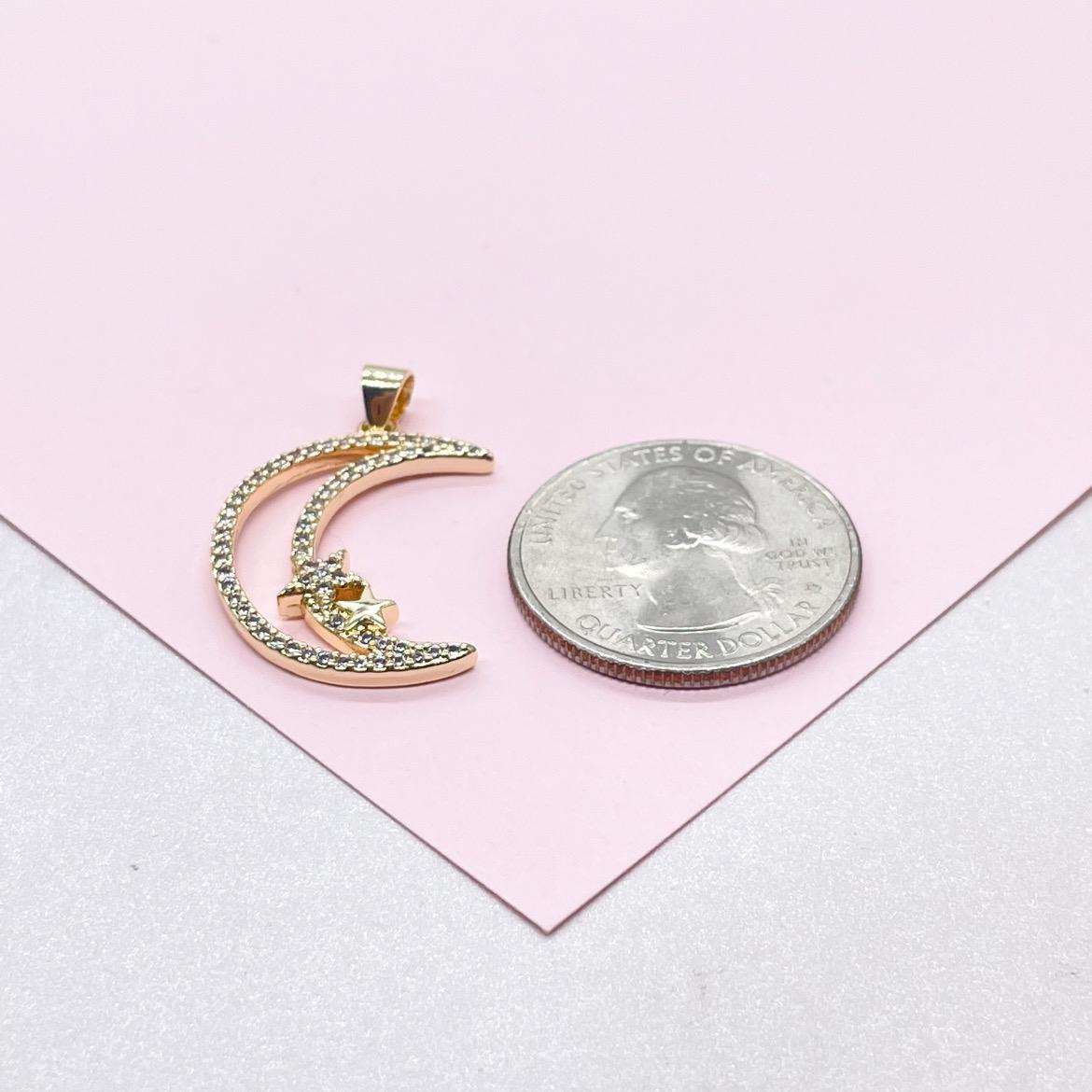 18k Gold Filled Large CZ Pave Moon & Star Necklace Charm