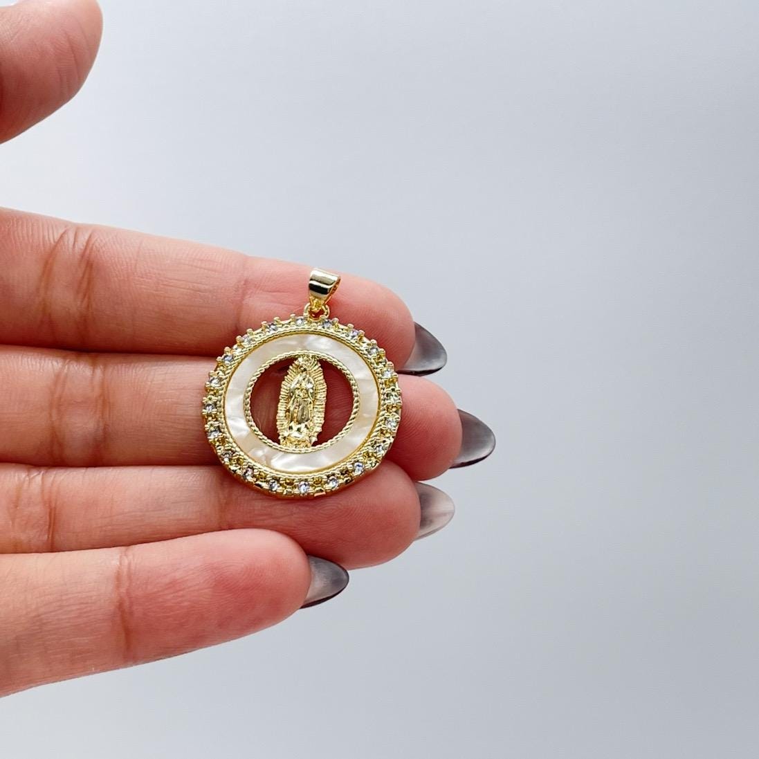 18k Gold Filled Mother of Pearl Medallion with Virgin Mary Engraving, Crowned with CZ
