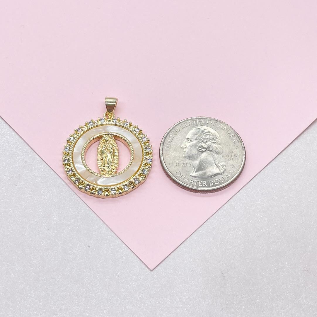 18k Gold Filled Mother of Pearl Medallion with Virgin Mary Engraving, Crowned with CZ
