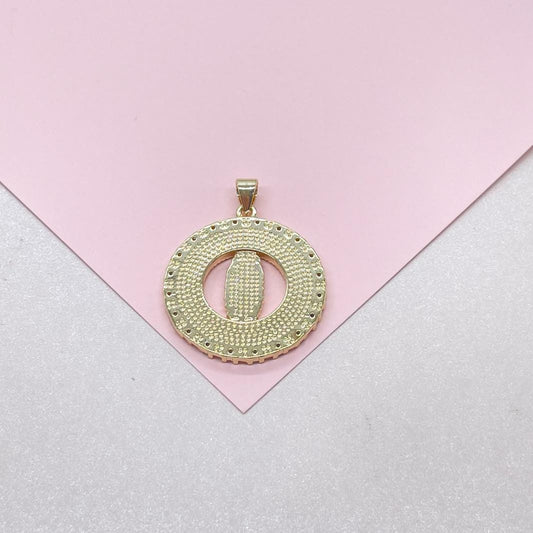 18k Gold Filled Mother of Pearl Medallion with Virgin Mary Engraving, Crowned with CZ