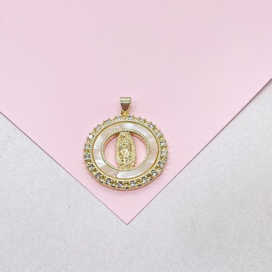 18k Gold Filled Mother of Pearl Medallion with Virgin Mary Engraving, Crowned with CZ