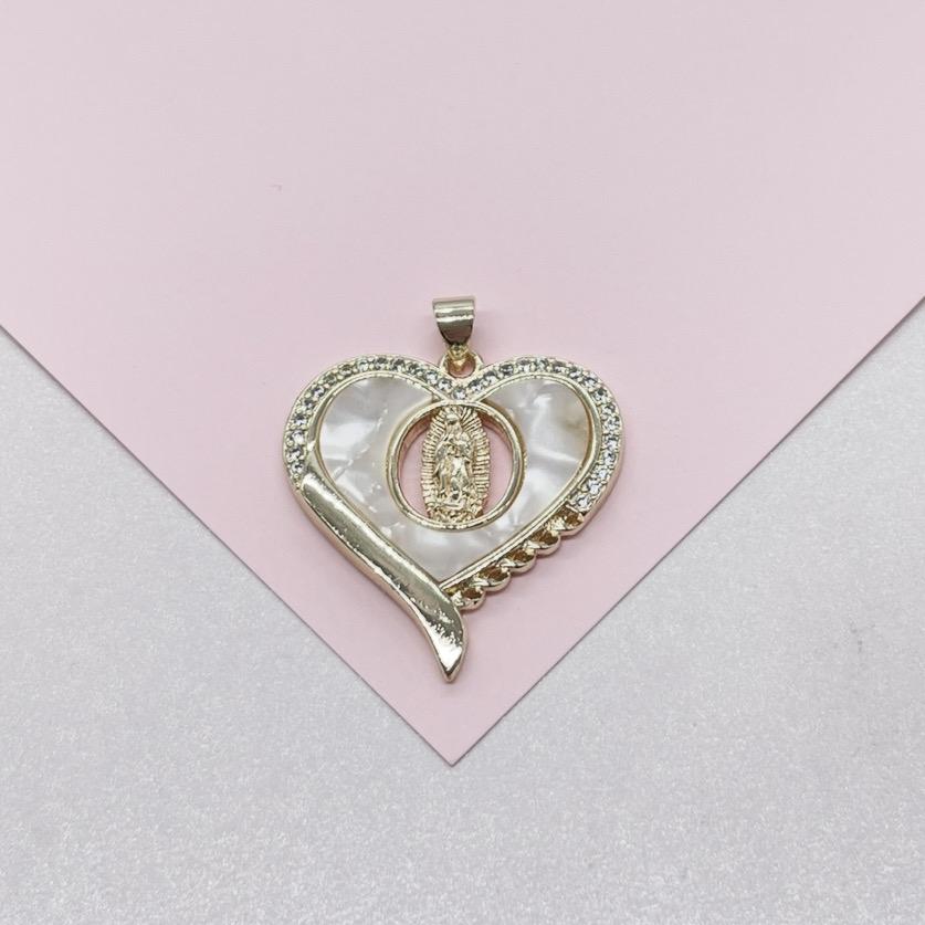 18k Gold Filled Heart Pendant with Mother Of Pearl Stone & Engraving of Virgin Mary Topped with CZ