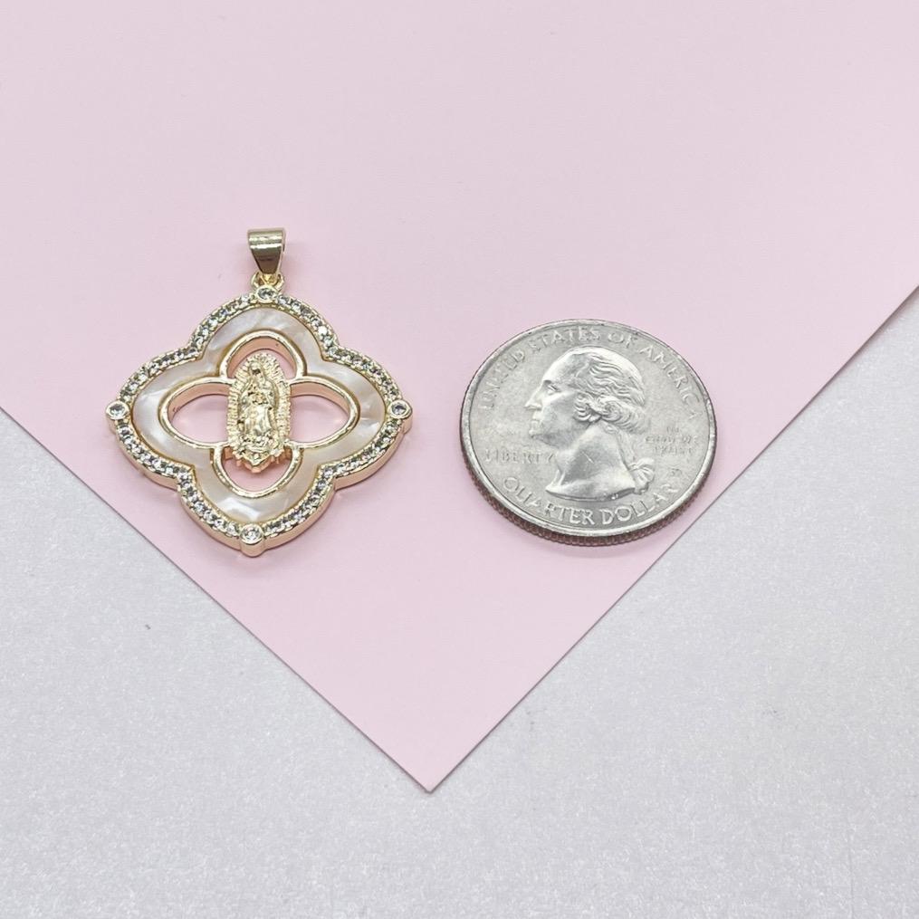 18k Gold Filled Mother of Pearl Clover Pendant with Virgin Mary Engraved Crowned with CZ