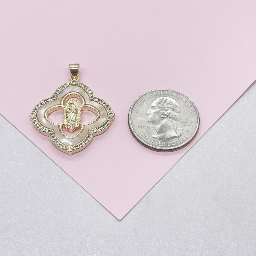 18k Gold Filled Mother of Pearl Clover Pendant with Virgin Mary Engraved Crowned with CZ