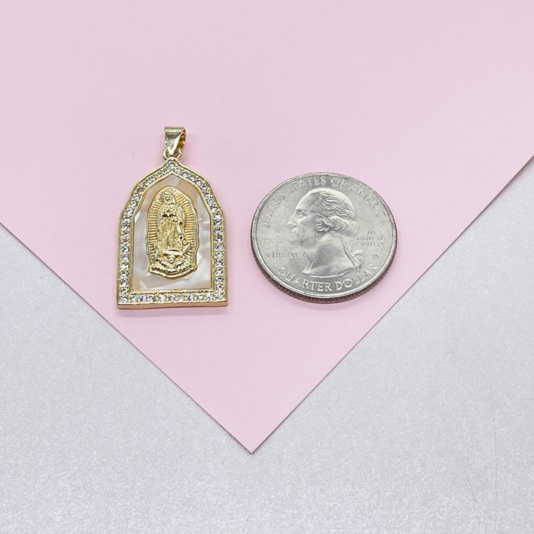 18k Gold Filled Mother of Pearl Rectangle Medallion Engraved with Virgin Mary & CZ