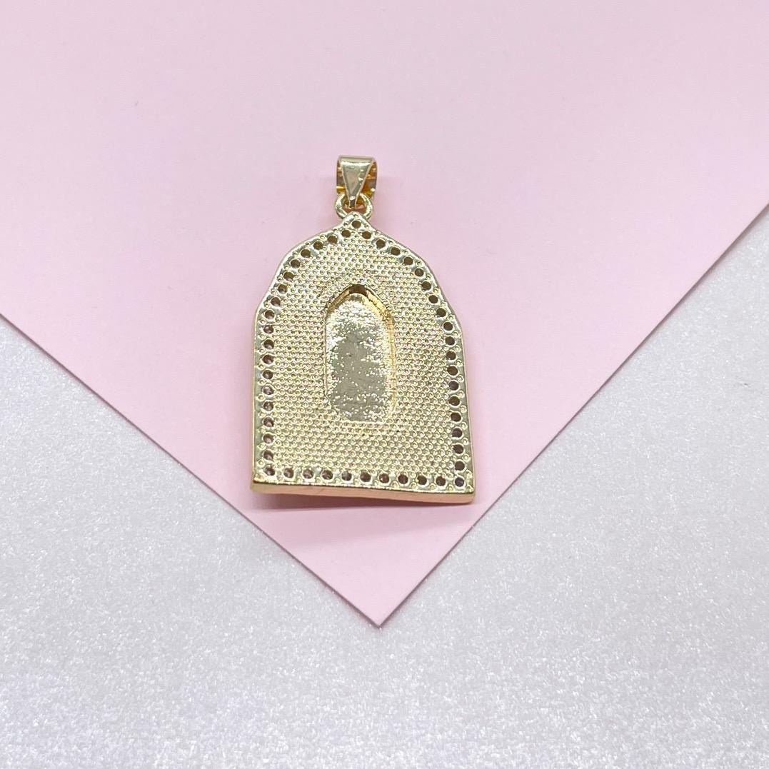 18k Gold Filled Mother of Pearl Rectangle Medallion Engraved with Virgin Mary & CZ