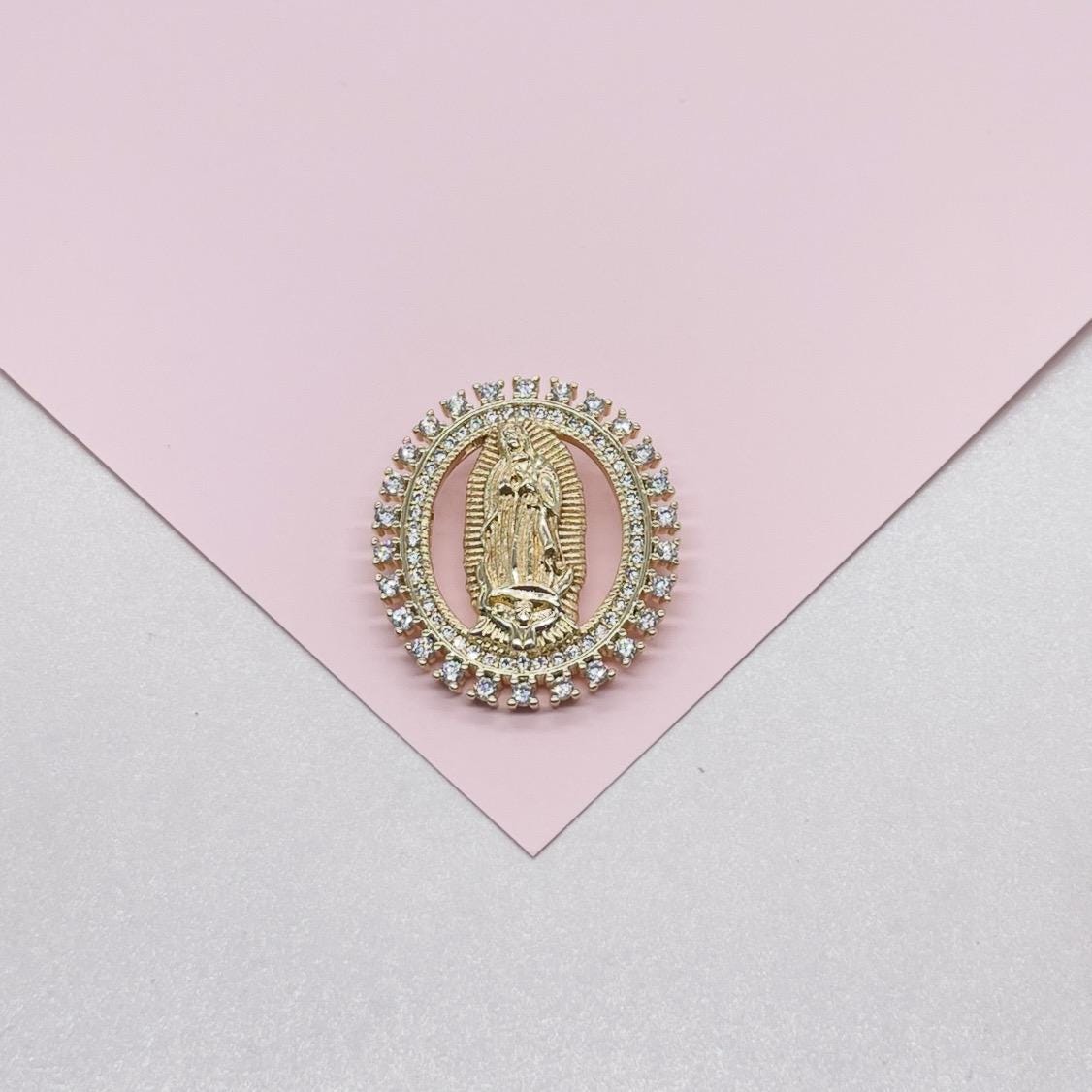 18k Gold Filled Cut Out Virgin Mary Pendant Crowned with CZ Pave