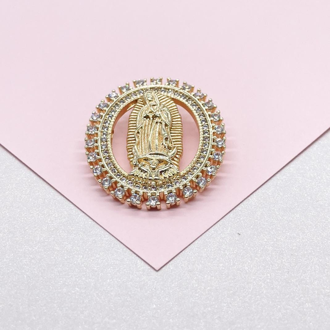 18k Gold Filled Cut Out Virgin Mary Pendant Crowned with CZ Pave