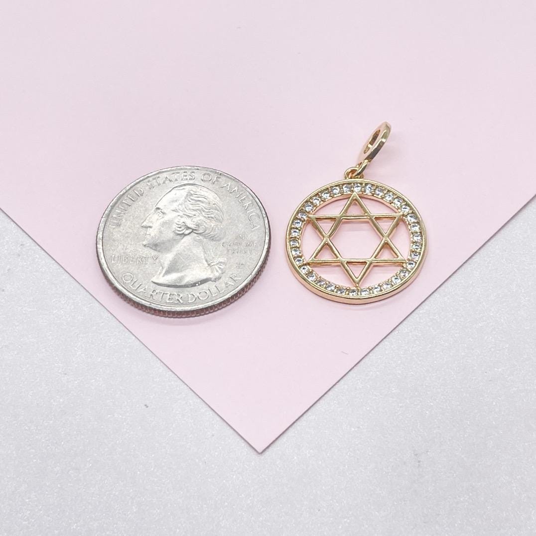 18k Gold Filled Large Star of David Outline Pendant Crowned with CZ Stones