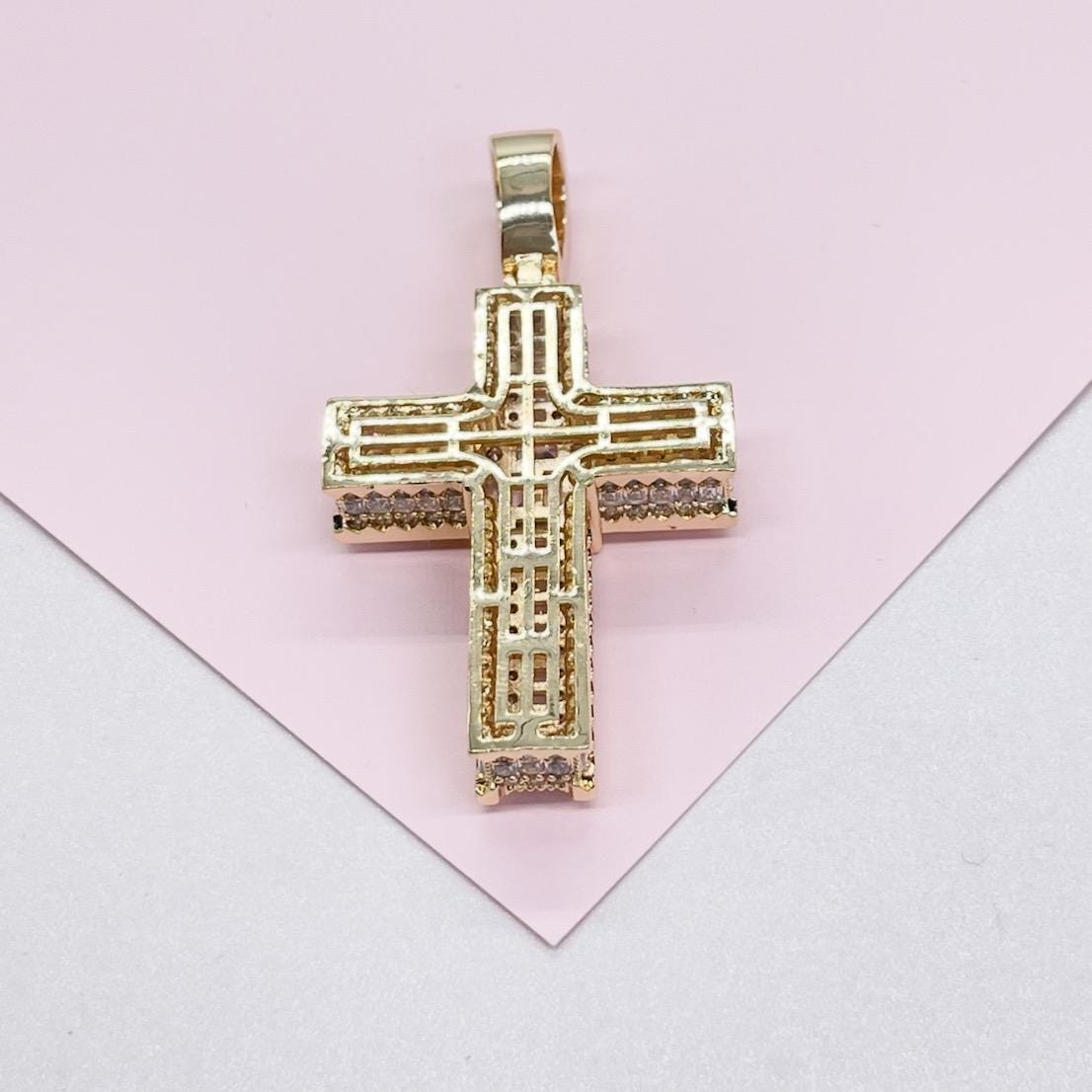 18k Gold Filled XL Crucifix Covered in Baguette cut stones, Round CZ in Prong and Beveled Setting