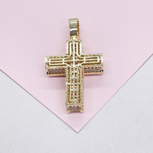 18k Gold Filled XL Crucifix Covered in Baguette cut stones, Round CZ in Prong and Beveled Setting