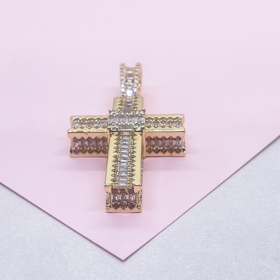 18k Gold Filled XL Crucifix Covered in Baguette cut stones, Round CZ in Prong and Beveled Setting