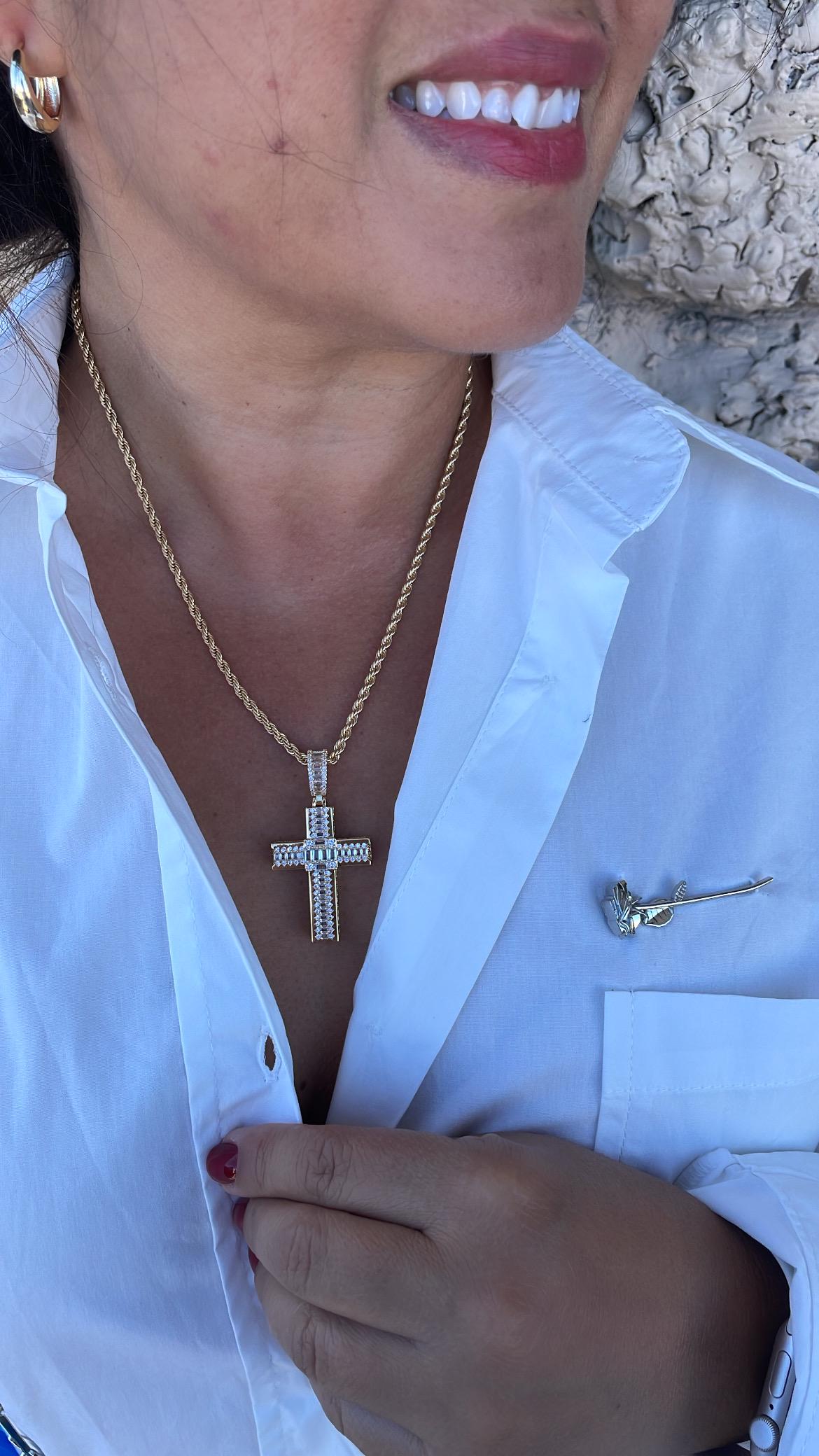 18k Gold Filled XL Crucifix Covered in Baguette cut stones, Round CZ in Prong and Beveled Setting