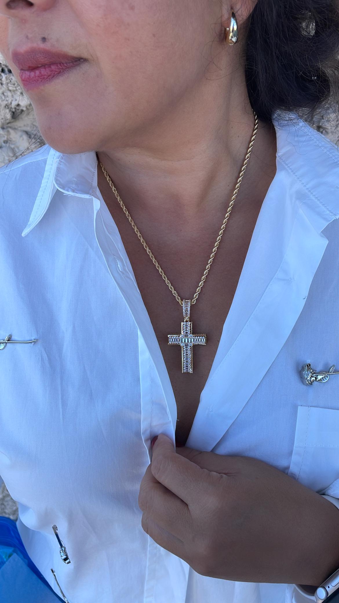 18k Gold Filled XL Crucifix Covered in Baguette cut stones, Round CZ in Prong and Beveled Setting
