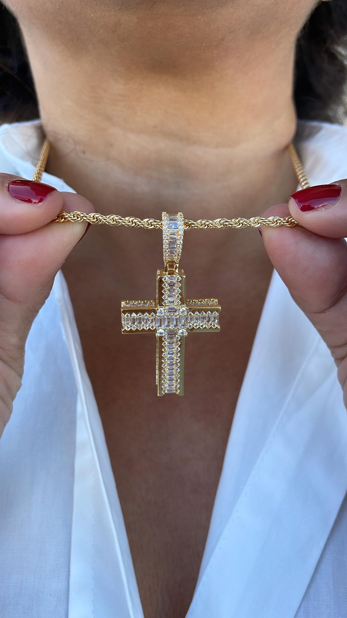 18k Gold Filled XL Crucifix Covered in Baguette cut stones, Round CZ in Prong and Beveled Setting