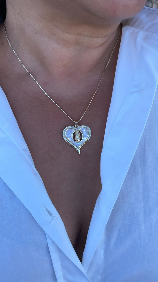 18k Gold Filled Heart Pendant with Mother Of Pearl Stone & Engraving of Virgin Mary Topped with CZ