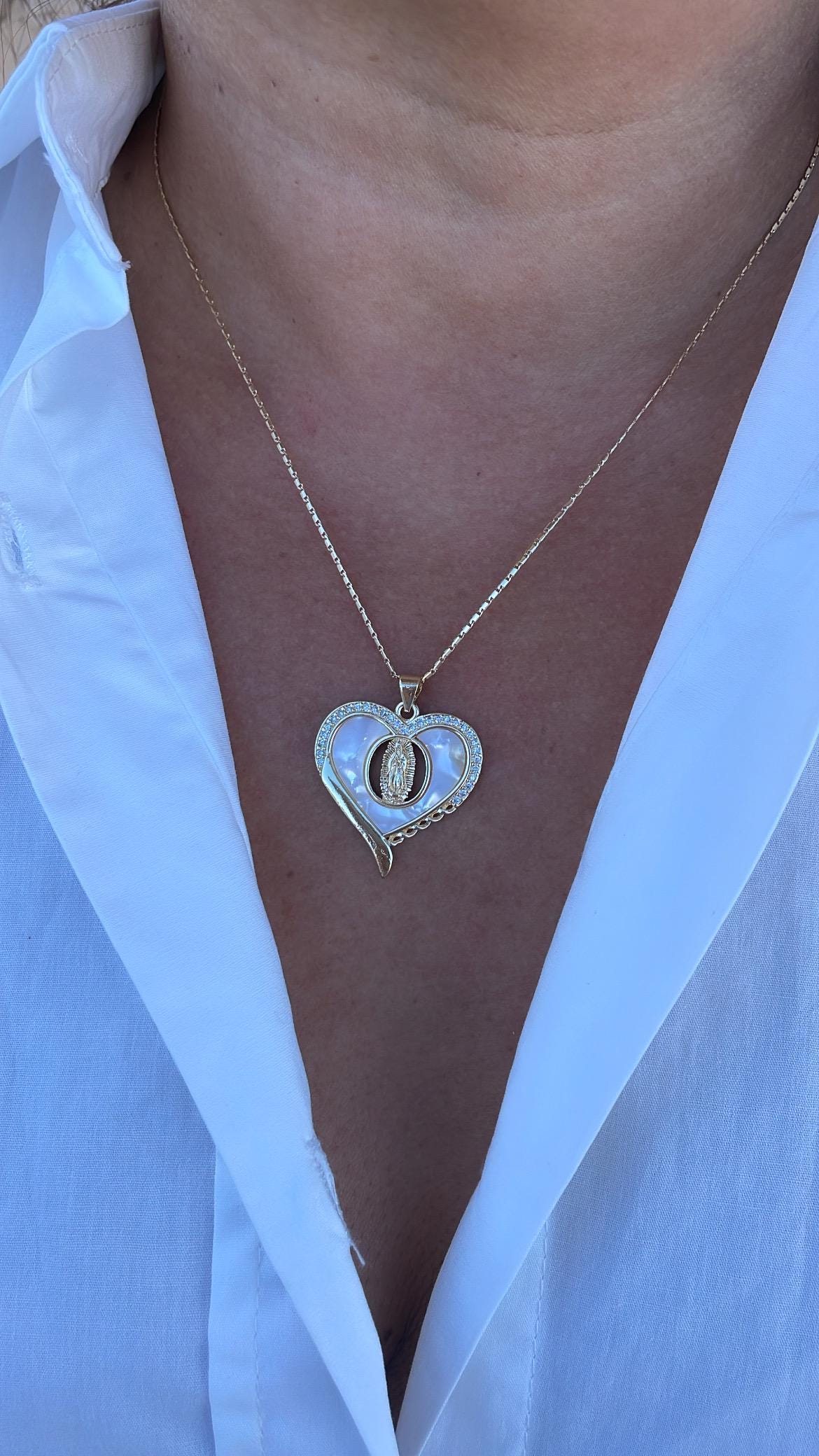 18k Gold Filled Heart Pendant with Mother Of Pearl Stone & Engraving of Virgin Mary Topped with CZ