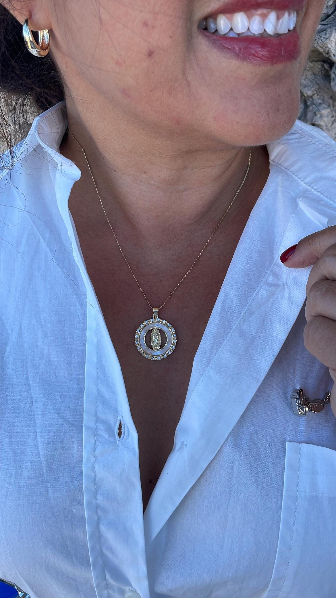 18k Gold Filled Mother of Pearl Medallion with Virgin Mary Engraving, Crowned with CZ