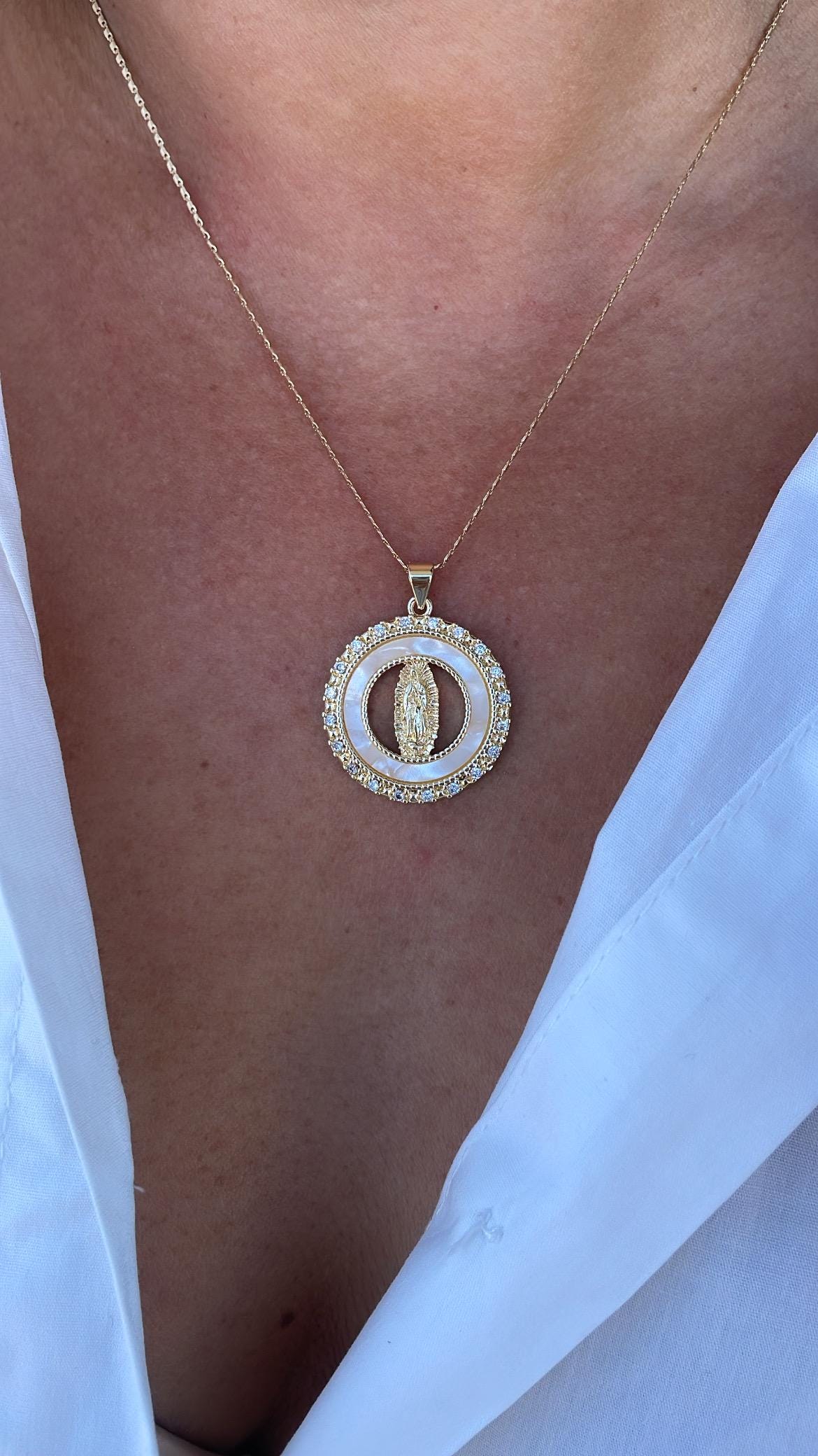18k Gold Filled Mother of Pearl Medallion with Virgin Mary Engraving, Crowned with CZ
