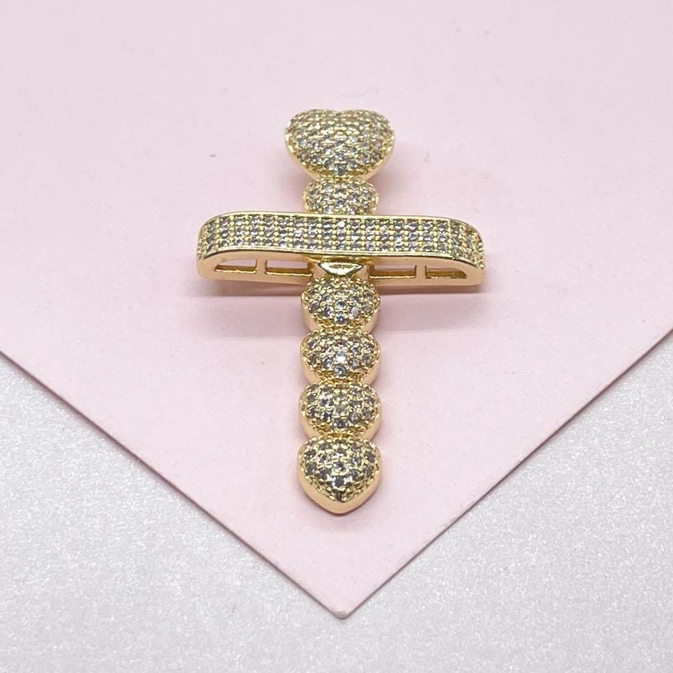 18k Gold Filled CZ Crucifix Pendant with Engraved with Cubic Zirconia and Topped with CZ Heart