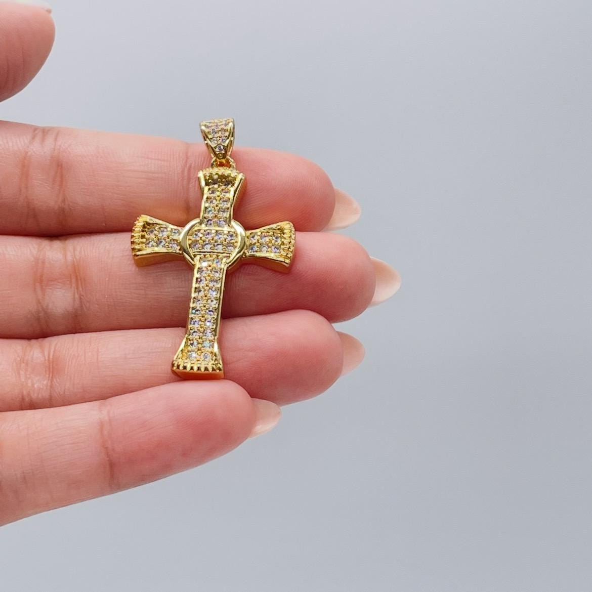 18k Gold Filled Crucifix Cross Patterned with CZ and Engraving Patterns