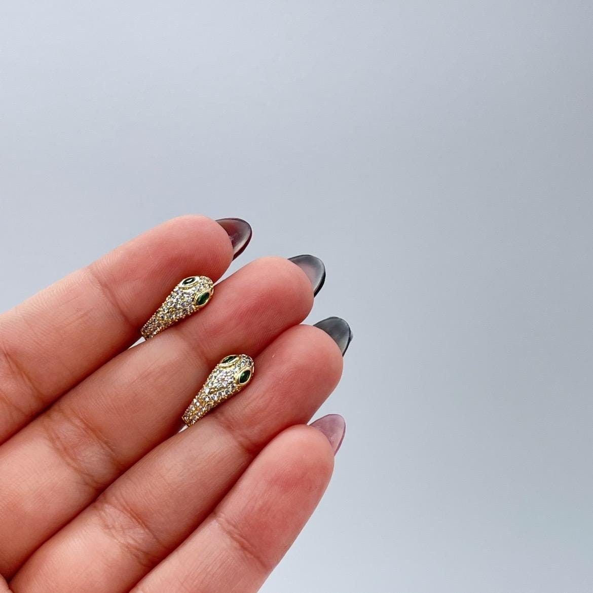 18k Gold Filled CZ Snake Huggie with Green Emerald Color Eyes