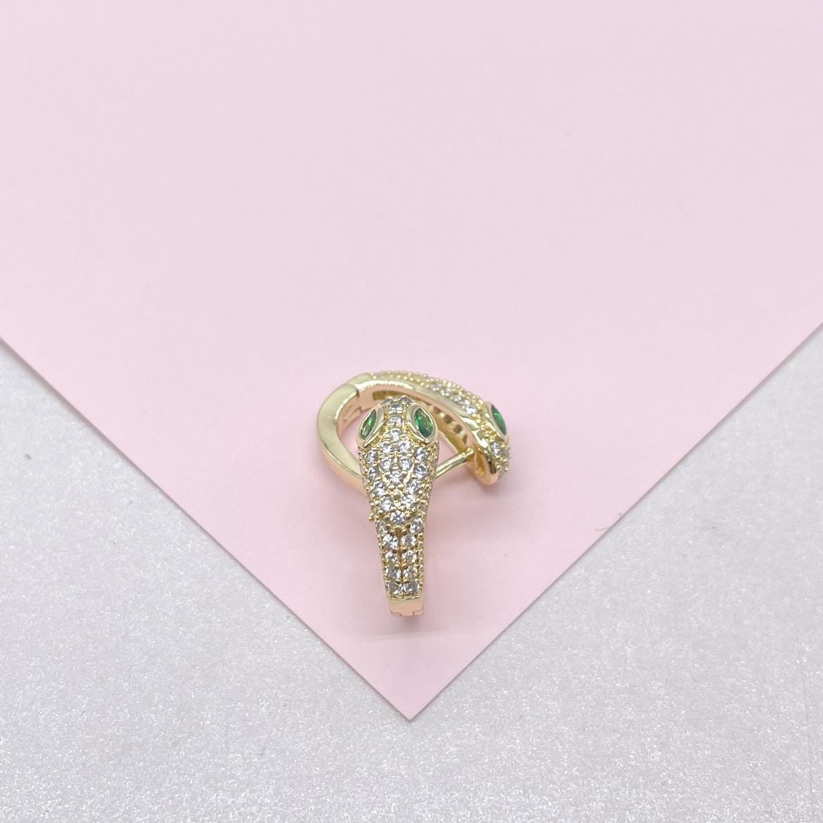 18k Gold Filled CZ Snake Huggie with Green Emerald Color Eyes