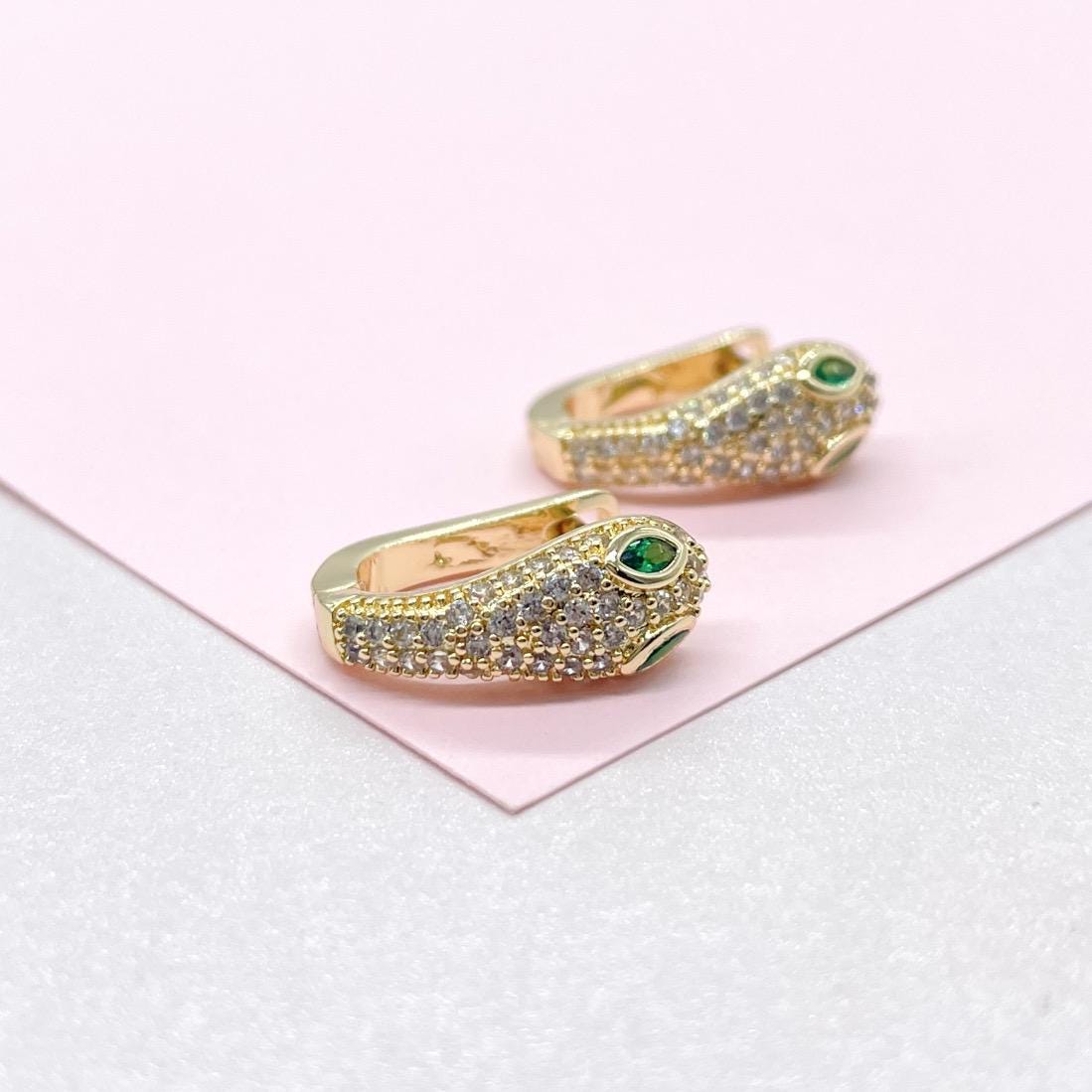 18k Gold Filled CZ Snake Huggie with Green Emerald Color Eyes