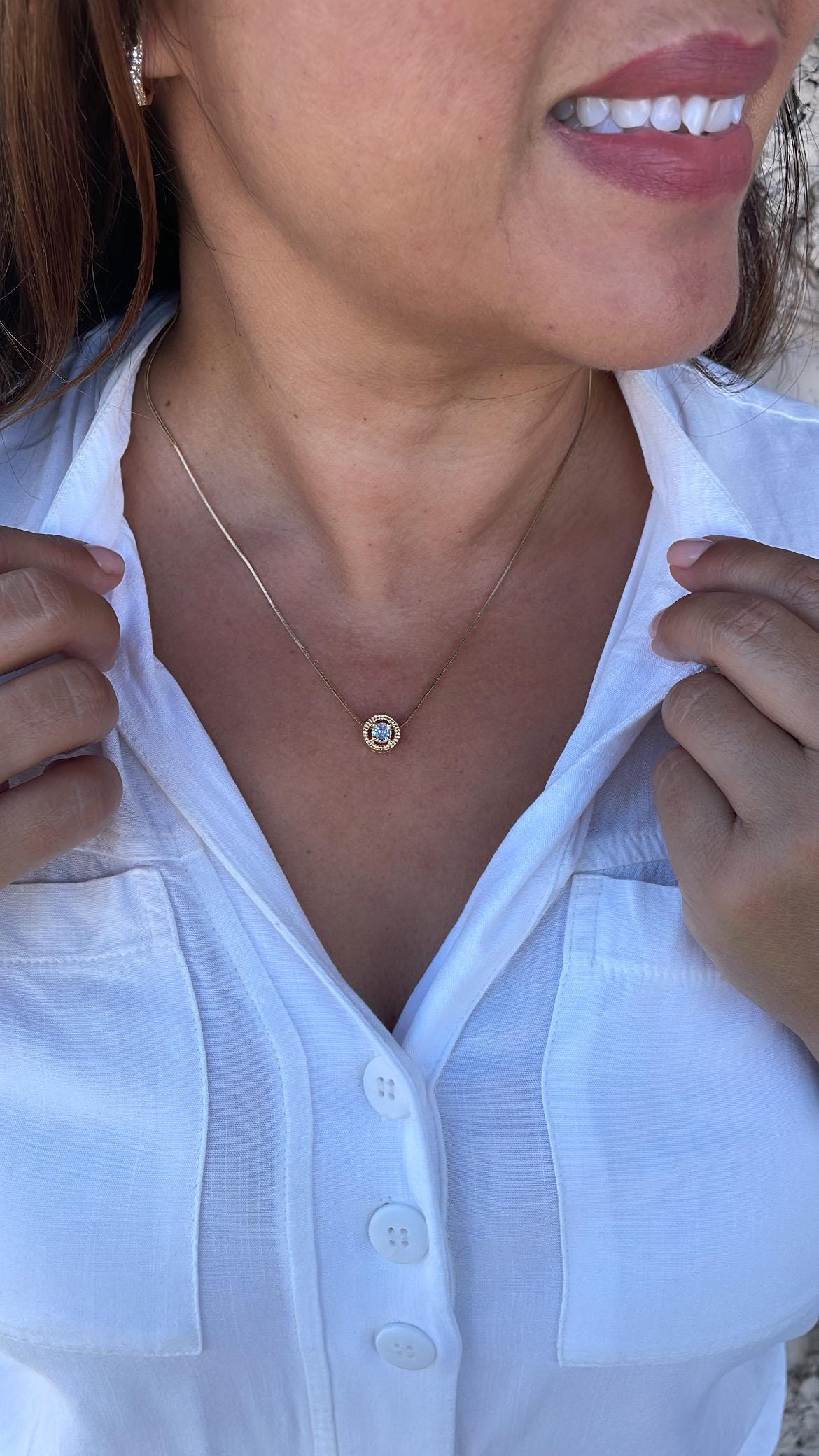 18k Gold Filled Minimalist Herringbone\Box Chain Necklace with Solitaire CZ Pendant