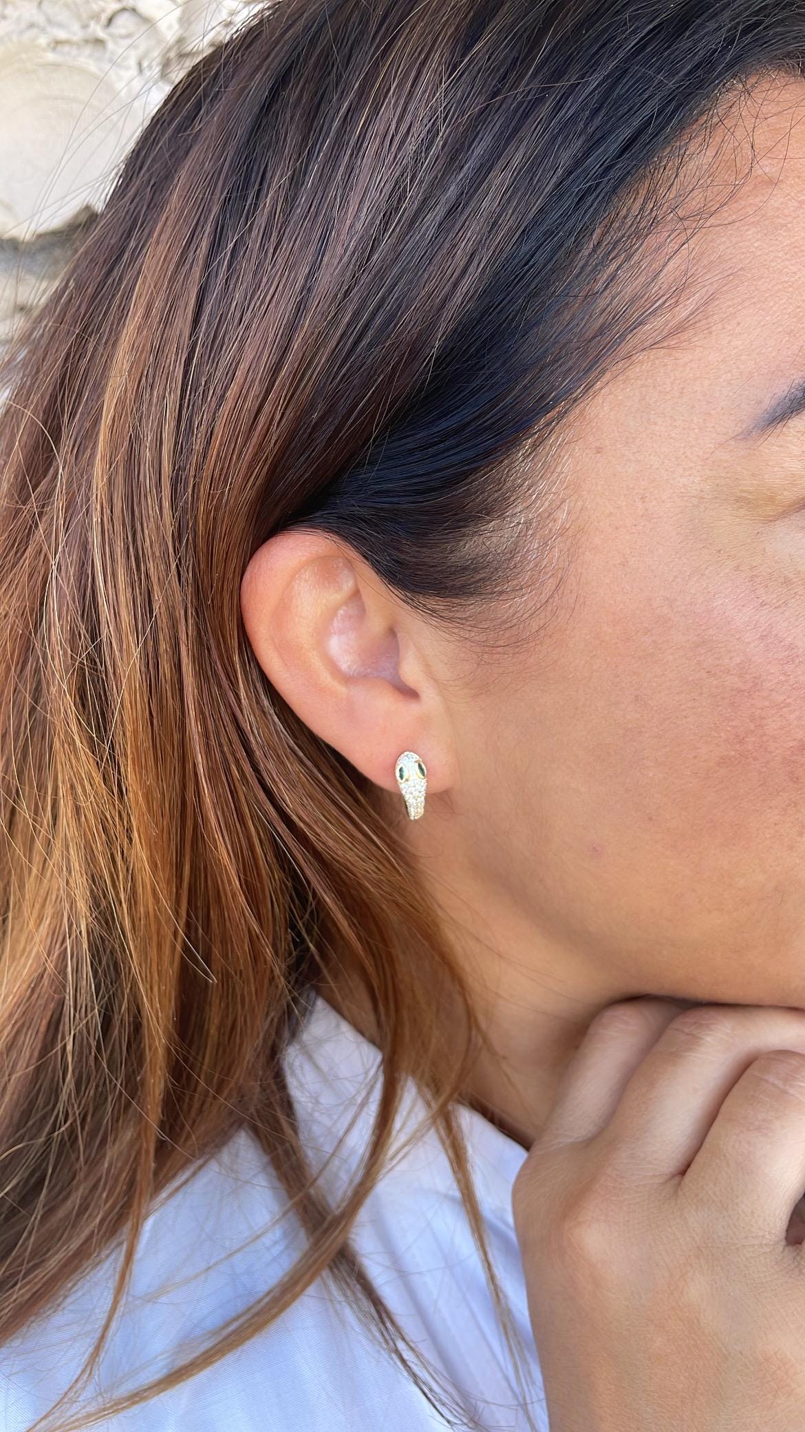 18k Gold Filled CZ Snake Huggie with Green Emerald Color Eyes