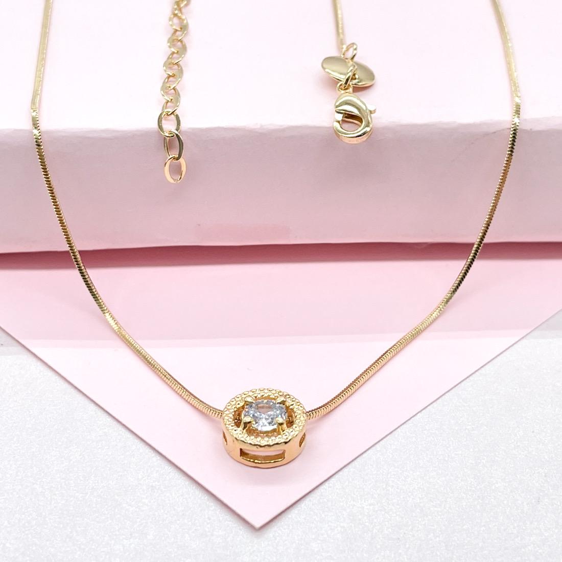 18k Gold Filled Minimalist Herringbone\Box Chain Necklace with Solitaire CZ Pendant
