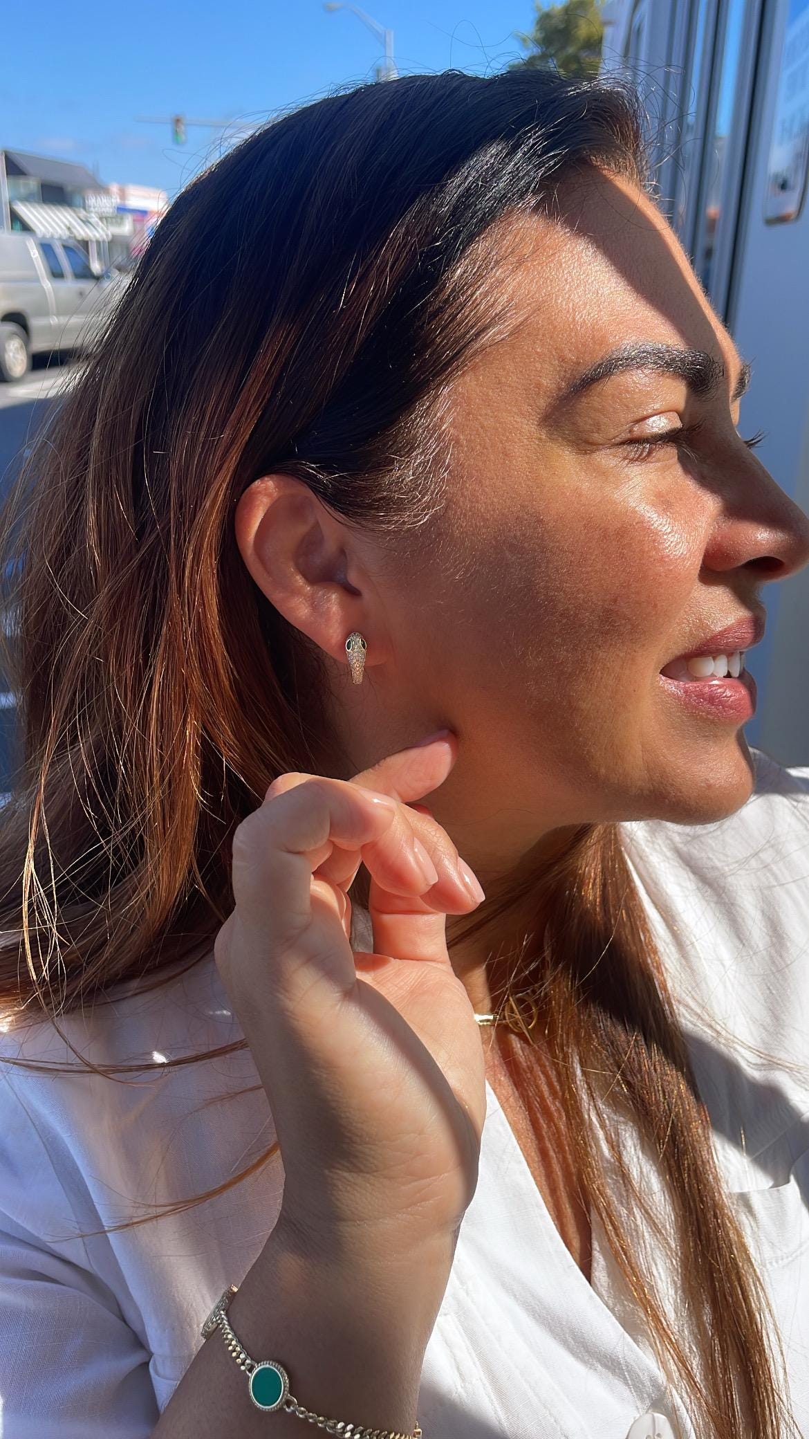 18k Gold Filled CZ Snake Huggie with Green Emerald Color Eyes