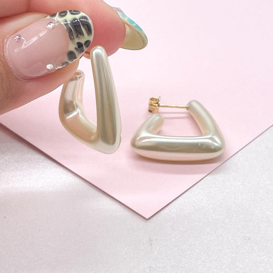 Triangle Faux Pearl Hoop Earrings, Modern Jewelry