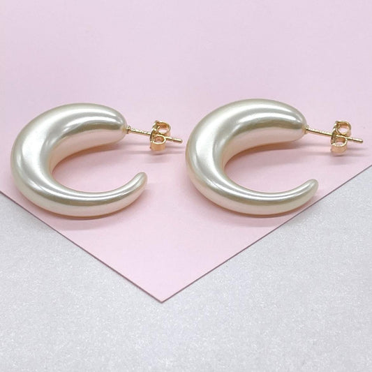 Synthetic Pearl Hoop Earrings, Elegant C-Hoop Design