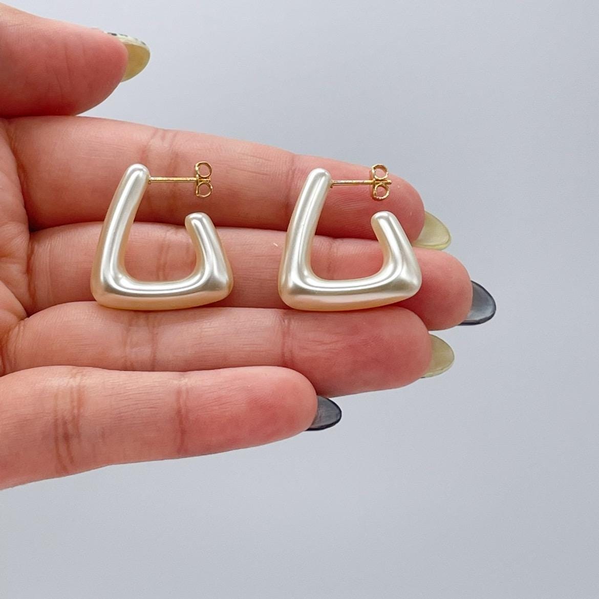 Triangle Faux Pearl Hoop Earrings, Modern Jewelry