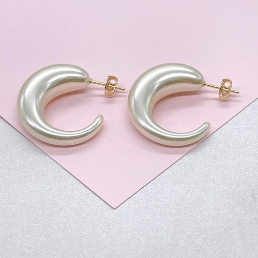 Synthetic Pearl Hoop Earrings, Elegant C-Hoop Design