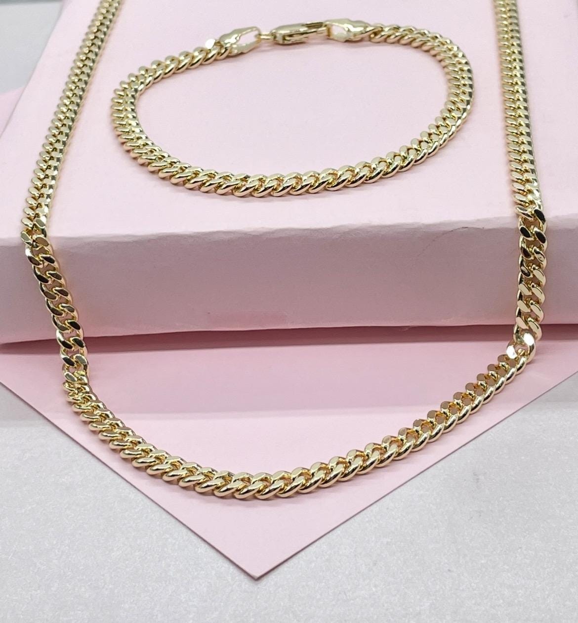 18k Gold Filled Cuban Link Chain:3.4MM Miami Curb Necklace & Bracelet