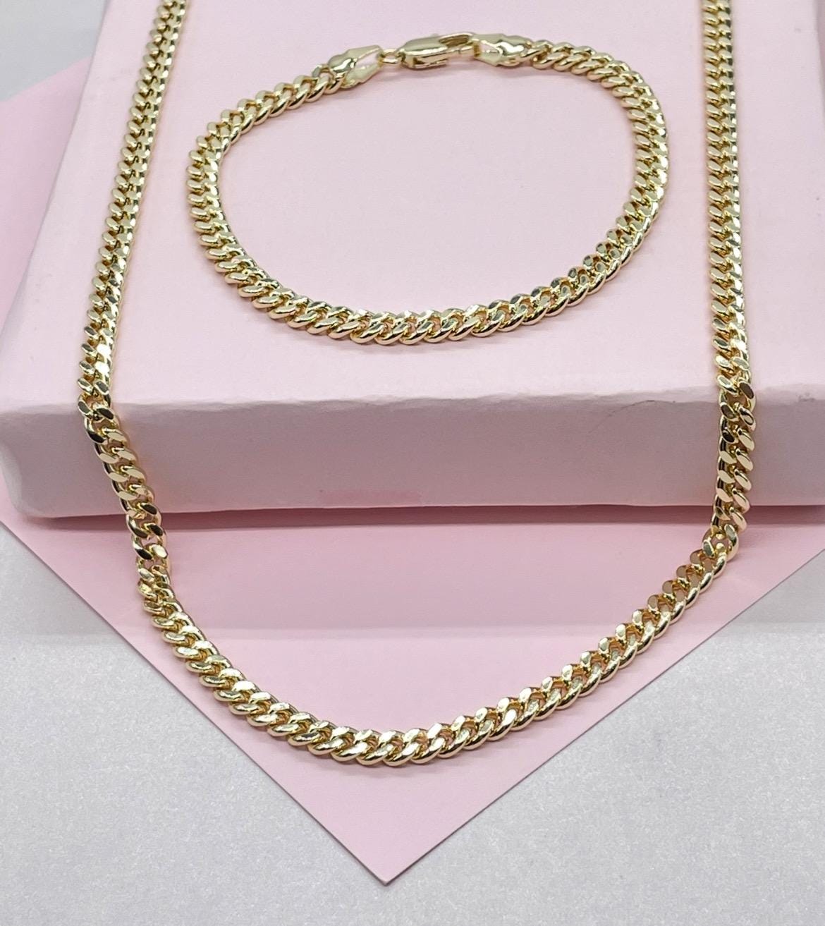 18k Gold Filled Cuban Link Chain:3.4MM Miami Curb Necklace & Bracelet