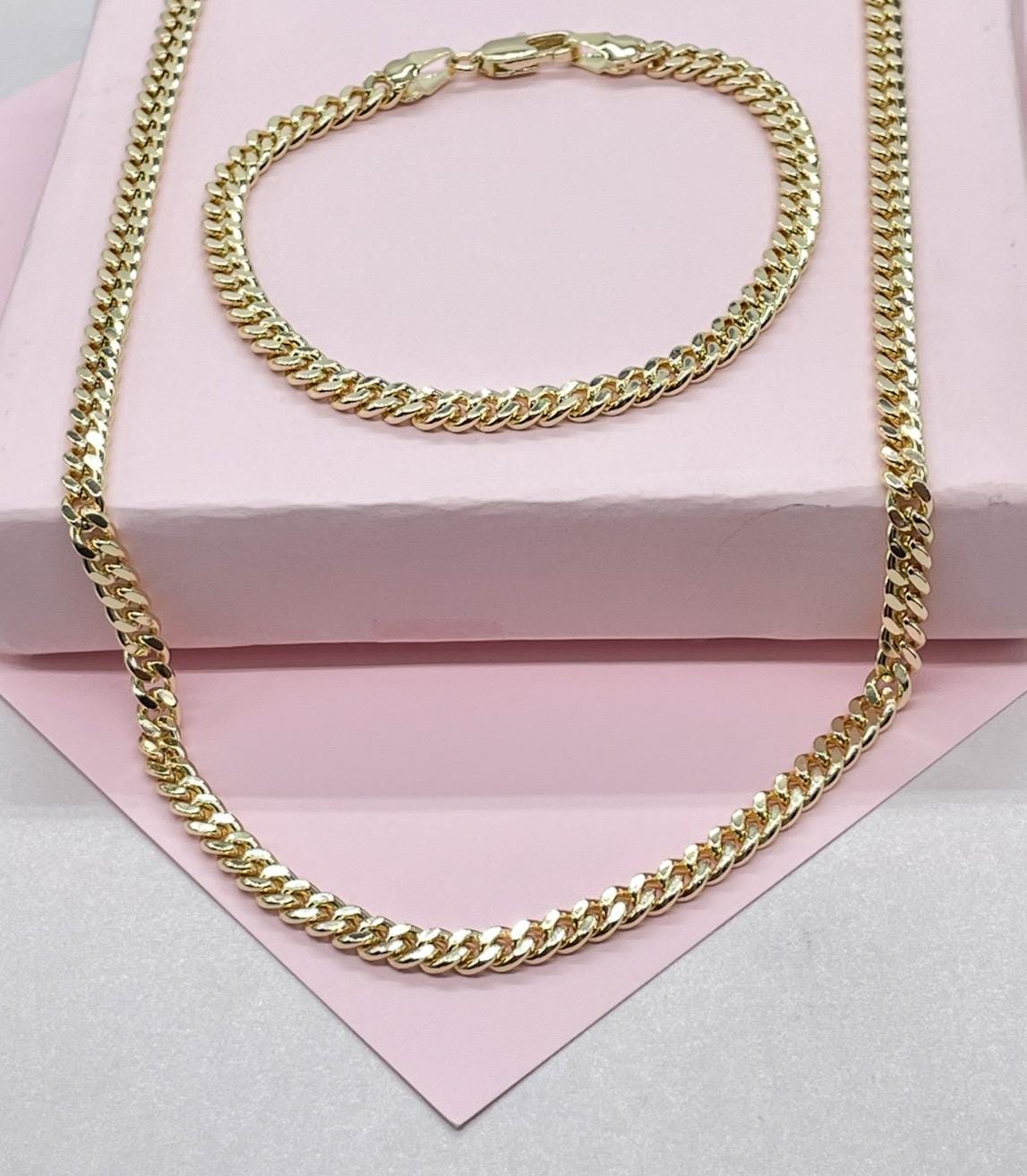 18k Gold Filled Cuban Link Chain:3.4MM Miami Curb Necklace & Bracelet