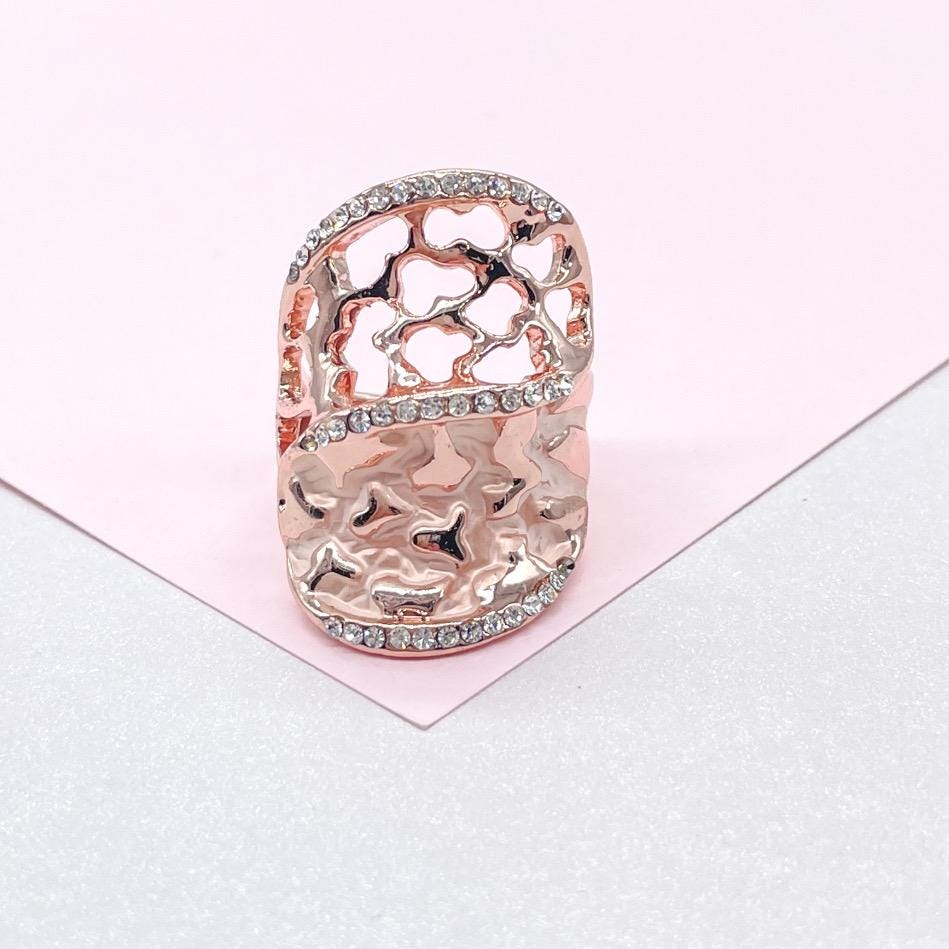 18k Rose Gold 2 Tier Textured Ring with CZ