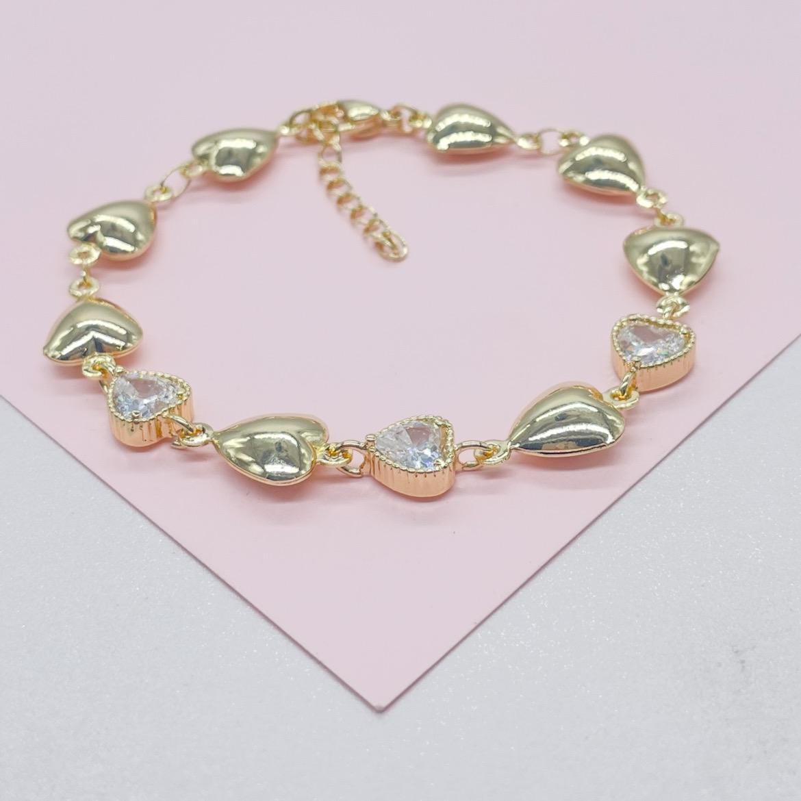18k Gold Filled Puffy Heart Bracelet with CZ Hearts