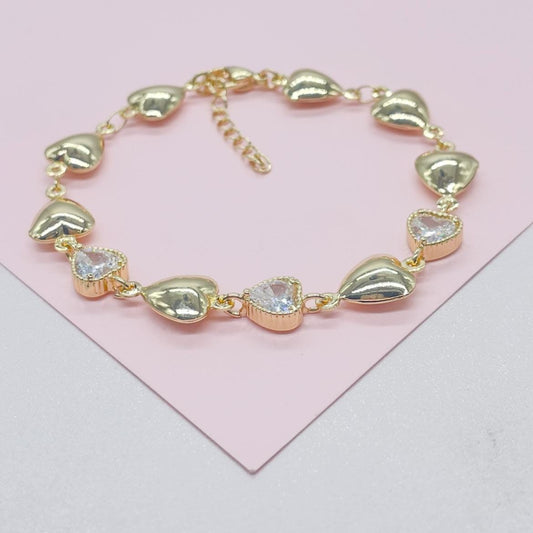 18k Gold Filled Puffy Heart Bracelet with CZ Hearts