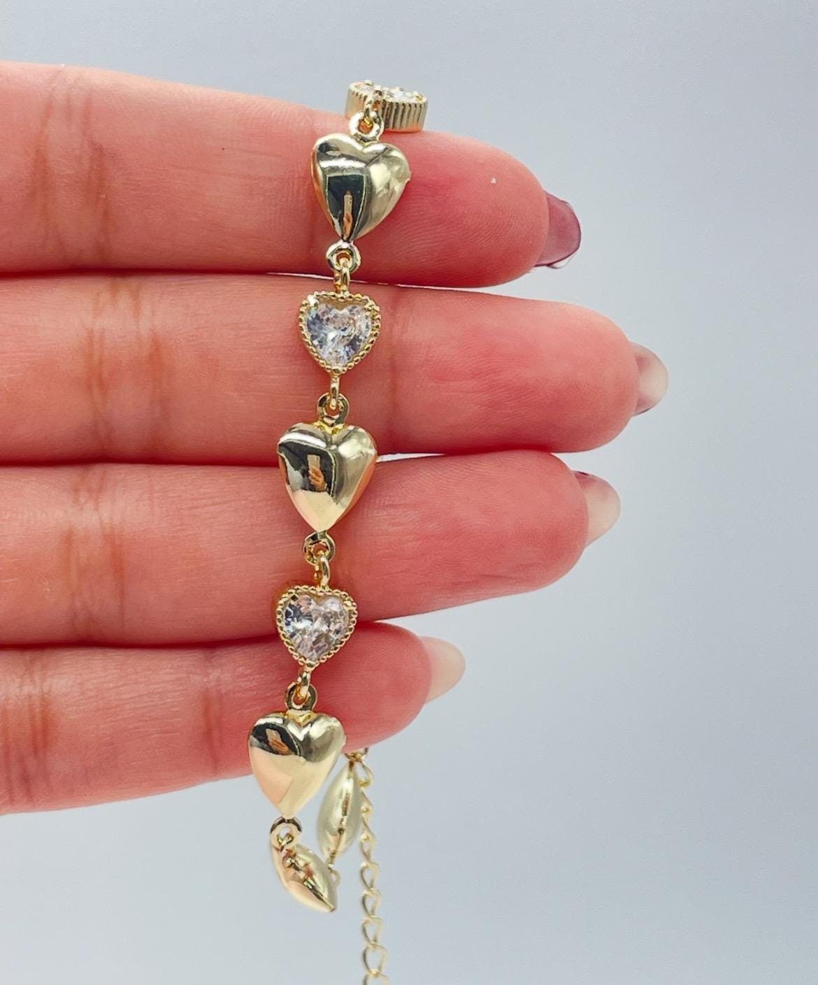 18k Gold Filled Puffy Heart Bracelet with CZ Hearts