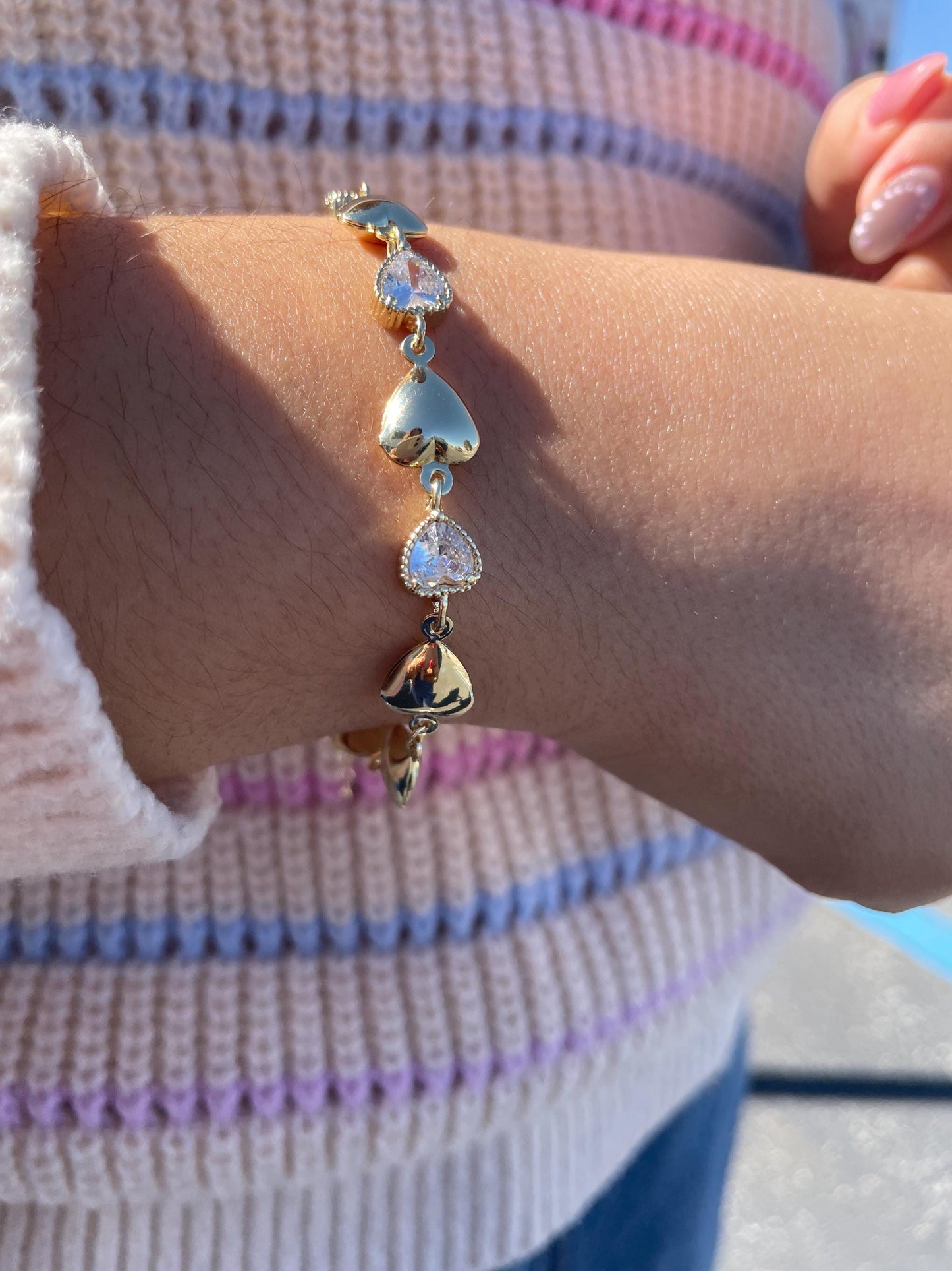 18k Gold Filled Puffy Heart Bracelet with CZ Hearts