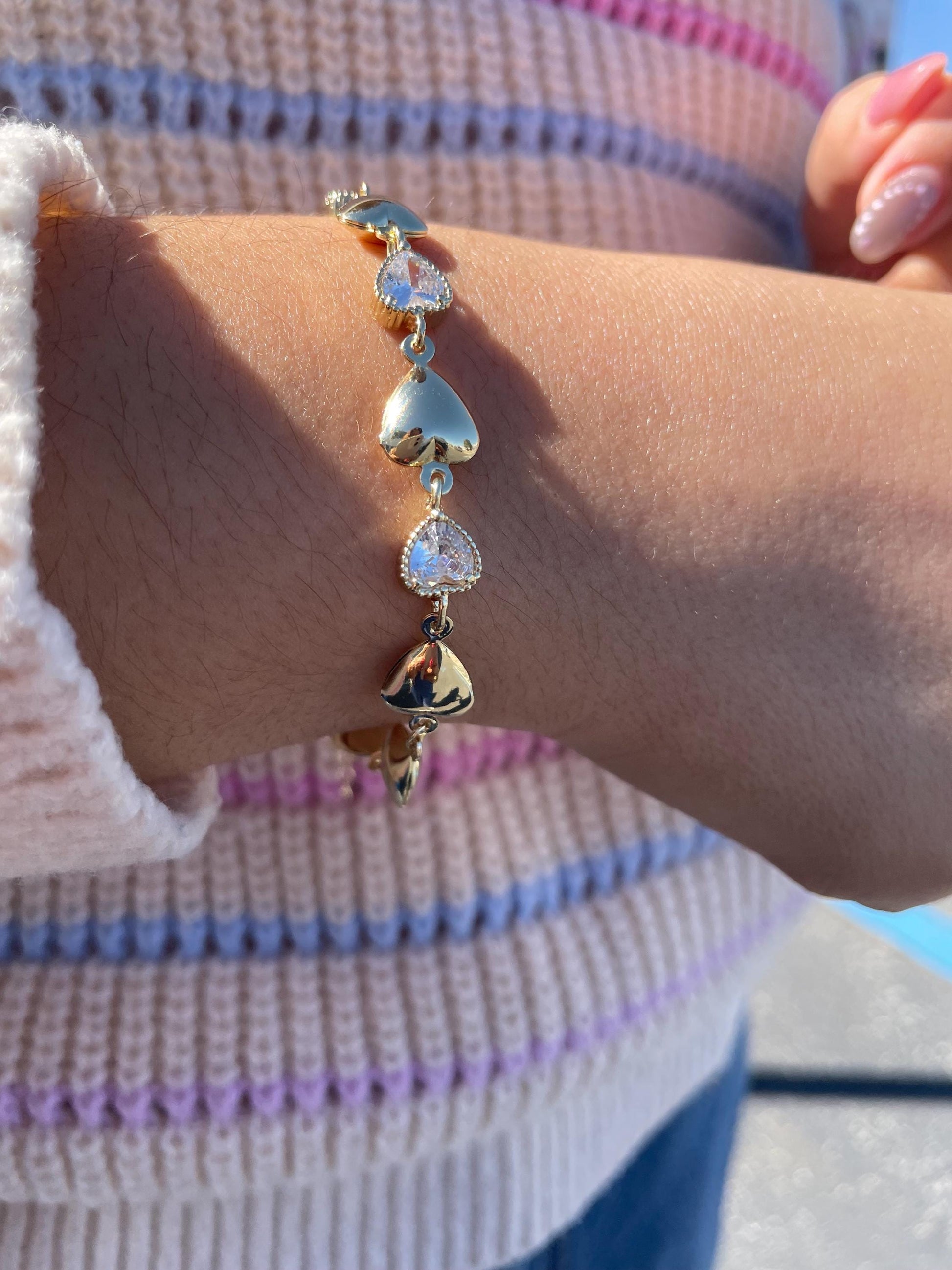 18k Gold Filled Puffy Heart Bracelet with CZ Hearts
