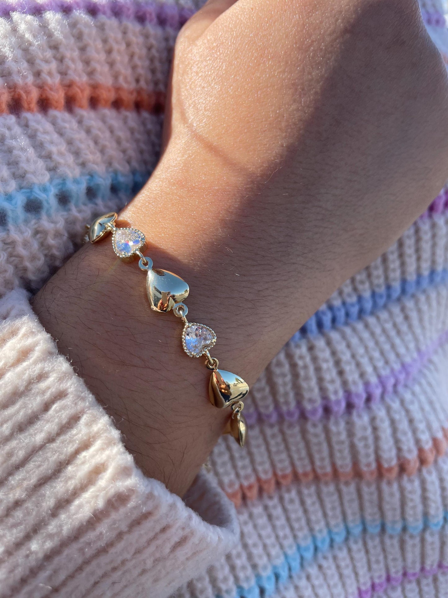 18k Gold Filled Puffy Heart Bracelet with CZ Hearts