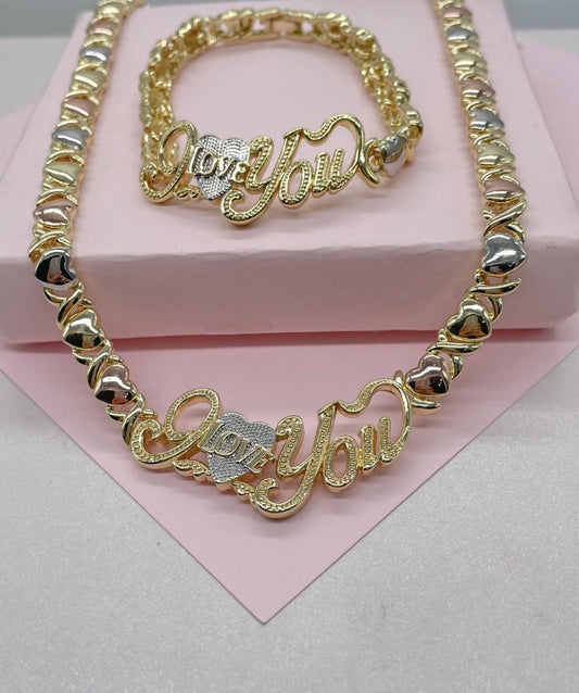 18k Gold Filled "Love You" Heart XOXO Bracelet and Necklace Set