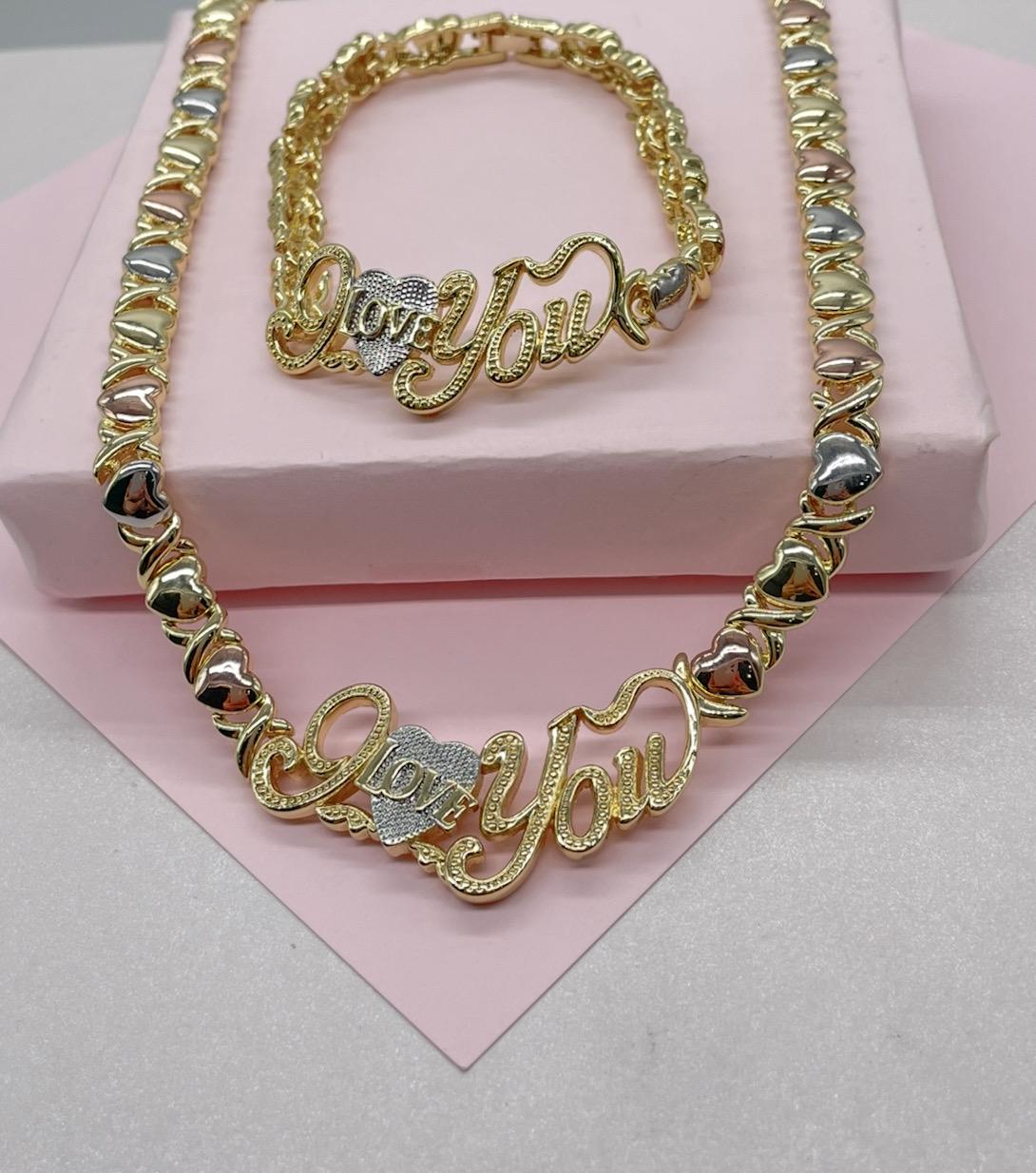 18k Gold Filled "Love You" Heart XOXO Bracelet and Necklace Set
