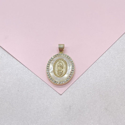 18k Gold Filled Mother of Pearl Oval Medallion Engraved with Virgin Mary & CZ