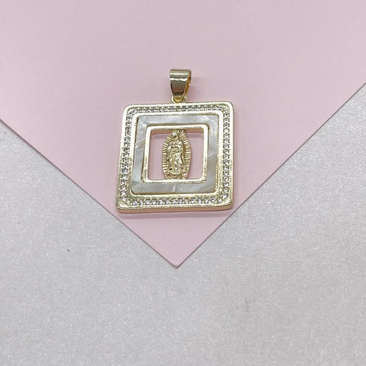 18k Gold Filled Mother of Pearl Square See Through Medallion Engraved with Virgin Mary & CZ